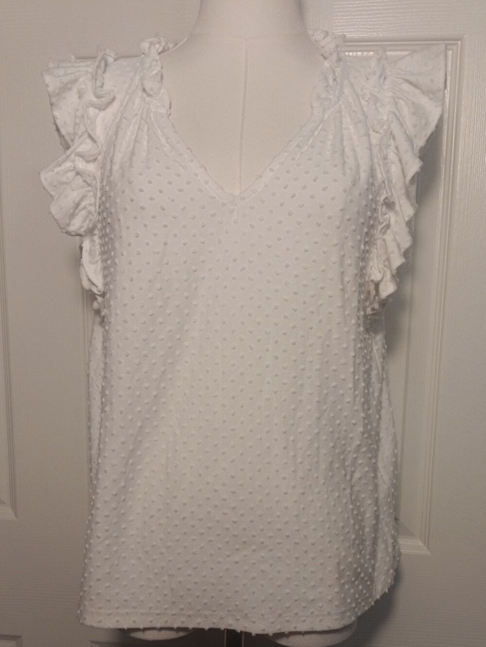 J. Crew White Swiss Dot V-Neck Ruffle-Cuff Cap Sleeve Top Size Large - Picture 3 of 10